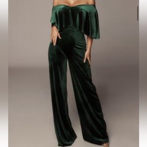 Velvet green off shoulder jumpsuit
